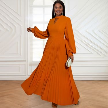 Women's Clothing High Grade Hollow Small Stand Up Collar Banquet Dress Autumn Lantern Sleeve Pleated Skirt Dress_voghion.com