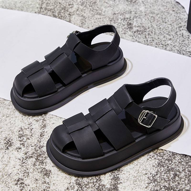 Mingliu 2025 Spring/Summer New Women's Genuine Leather Baotou Roman Sandals Women's Casual Thick Bottom Pig Cage Shoes Fashion Weaving Women's Shoes_voghion.com