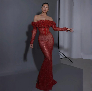 Elegant Off-Shoulder Long Sleeve Bodycon Evening Dress With Waist Accent & Sequin Embellishments For Banquets & Parties_voghion.com