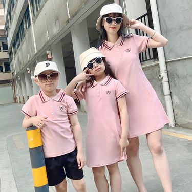 Mother & Kids High-end parent-child clothing 2024 new summer family of three or four polo lapel mother and daughter dress family suit_viptrois.com