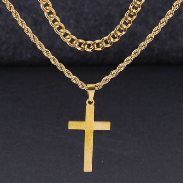 Hip Hop Stainless Steel Men's Twist Double Layer Cuban Chain Cross Non-Fading Necklace For Men_voghion.com