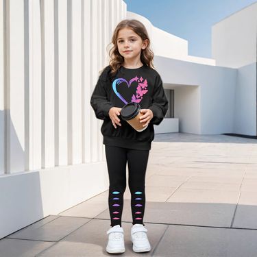 Mother & Kids INS Girls 2 Piece Set & Love Butterfly Print Long Sleeved Sweatshirt Leggings Outdoor Leisure Sports_voghion.com