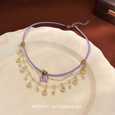 Fragrant Taro Purple Butterfly~purple Leather Shell Tassel Butterfly Necklace, Women's New Multi-layer Stacked Choker Collarbone Chain_voghion.com