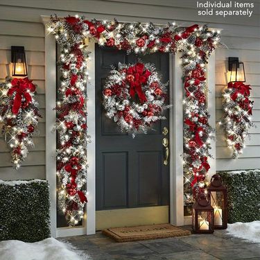 1pc Prelit Artificial Christmas Teardrop Swag, Christmas Swag Wreaths for Stair Railing Wall Window Xmas Decor with Pine Needles and Red Berries_voghion.com