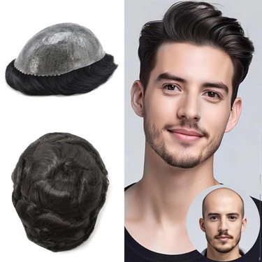 Durable Skin Knotted Toupee For Men 100% Human Hair Replacement System 0.12-0.14mm PU Base Hair Pieces Natural Hairline Real Wigs Off Black Color #1B_voghion.com