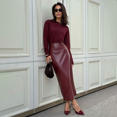 Tie Solid Ankela Red Split Bodycon 2024 Autumn New Fashion Leather High-end Slim PU Midi Skirt Breathable Gown_voghion.com