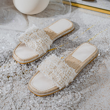 Women's new style outer wear woven straw flip flops flat bottom net celebrity beach shoes large size 41-43_voghion.com