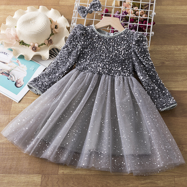 Girls' Sequin Winter Children's Girl Princess Fashionable Splicing Fluffy Yarn Dress Trend_voghion.com