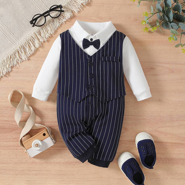 Long-sleeved Striped Baby Onesie With A Faux Two-piece Design For Crawling_voghion.com