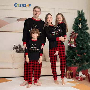 Christmas Christmas deer letter plaid Christmas family print home dress pajamas_voghion.com