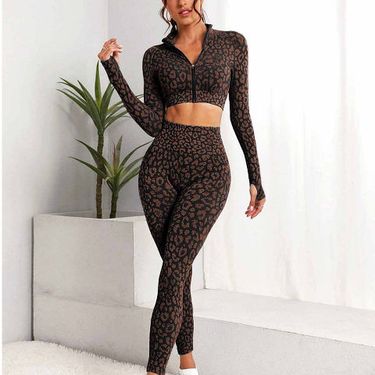 Leopard Print Suit For Women, Zipper High Waisted, Hip Lifting, Running, Stretch, Prati Yoga Pants Jacket_voghion.com