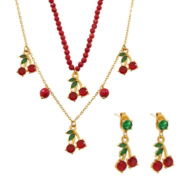 Women's Jewelry Cherry Fruit Beaded Necklace And Earrings Set With Natural Stone And Glass Beads, Elegant And Stylish For Daily Wear_voghion.com