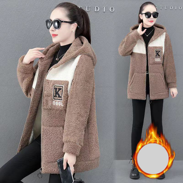 Women's Clothing Women's Mid Length Lambskin Jacket Autumn And Winter New Style Loose Versatile Tops Plus Velvet Thickened Sweatshirt_voghion.com