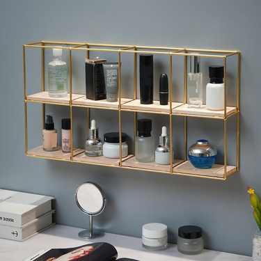 Wall Shelf – Multi-Tier Iron & Wood Display Rack For Cosmetics & Home Organization – Modular Grid Shelving For Living Room & Bedroom_voghion.com
