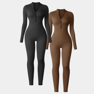 One Piece Seamless Zipper Thumb Hole Tight Fting Long Sleeved For Women's Running, Fness And Sports Full Body_voghion.com