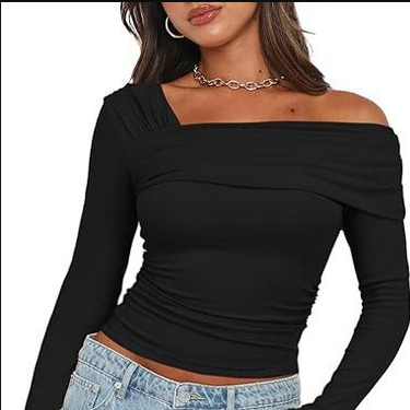 2025 Spring And Autumn Women's Single Shoulder Long Sleeve Top With Ruched Design For Going Out Slim Fit Y2K Style_voghion.com