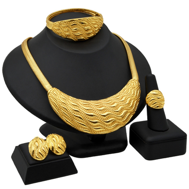 Cross-border new product gold-plated jewelry set Dubai women's necklace hand jewelry ring earrings sand gold jewelry wholesale_voghion.com