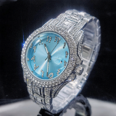 MISSFOX New Full Diamond Arabic Circle Blue dial Fashion Shining Men's Watch_voghion.com