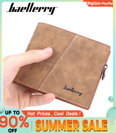 Baellery Men's Wallet Matte Short Money Clip Multi-Card Coin Purse Fashion Zipper Vertical Wallet Clip_voghion.com