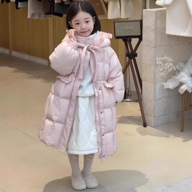 Korean version of girls' long pink down with hood waist cinching, and sweet temperament, children's cotton padded warm_voghion.com