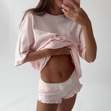 Women's Sleepwears Solid Color Knitted Round Neck Tops With Ruffled Shorts Comfortable Loose Ladies Pajamas Home Clothes_voghion.com