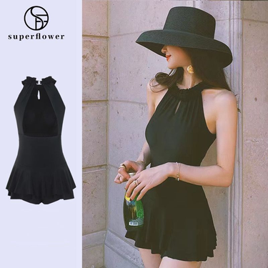 SUPERFLOWER Gorgeous One-piece Black Backless Swimwear Dress for For Beach Pool Vacation_voghion.com