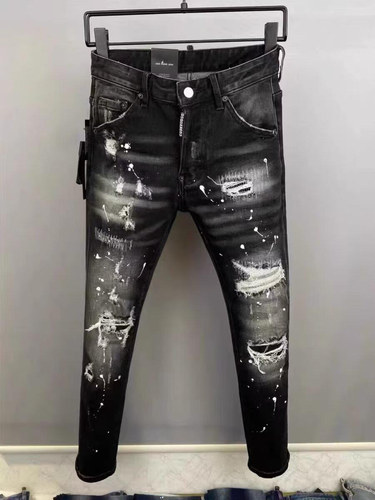 2025 Black Washed Distressed Patch Versatile Paint Street Slimming Micro Elastic Jeans_voghion.com