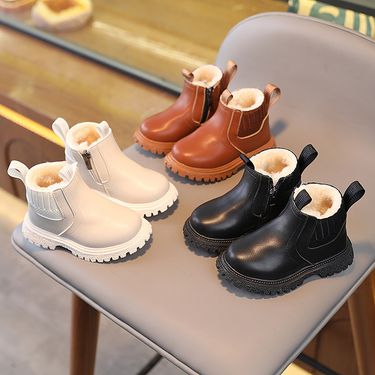Winter Plus Velvet Children's Fashion British Short Boots Boys Side Zipper Fashion Martin Boots Girls Soft Sole Fashion Boots_voghion.com