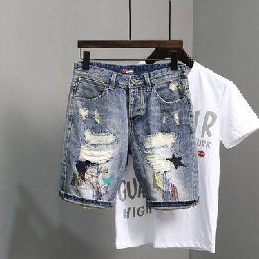 Men's ClothingMen's Cat Whisker Hole Denim Shorts Needle Embroidery High Street Handsome Beggar Pants Slim Fit Feet Versatile Shorts_voghion.com