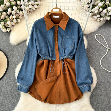 Women's two-piece long-sleeved denim splicing lapel waist tie shirt women's casual foreign style tops_voghion.com