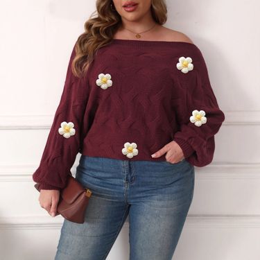 Plus Size Off Shoulder Batwing Sleeve Sweater For Women - Asymmetrical Design With Handmade Floral Details, Soft Acrylic Blend_ecoleips.com
