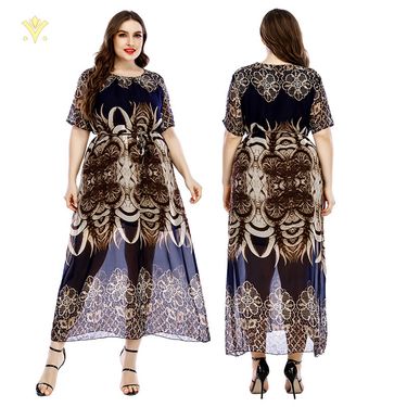women's summer new Middle Eastern plus size dress cool round neck short sleeve belted long skirt_voghion.com