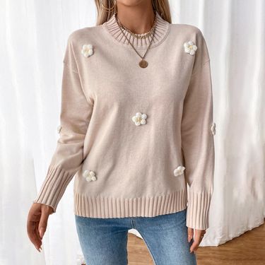 2024 Autumn Valentine's Day Flower Decoration Knitted Pullover Round Neck Sweater_voghion.com