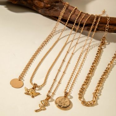 Boho Vintage Gold Necklace Set For Women, Layered Chain Necklaces With Disc, Bird, Rose, Coin Pendants & Chunky Chain, Trendy European American Statem_voghion.com