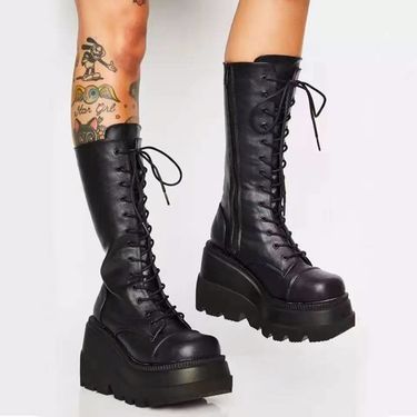 Winter buckle ankle boots Women's Punk women's platform Motorcycle Rider boots Wedge heels PU Women's boots Plus size women's boots_vogvips.com