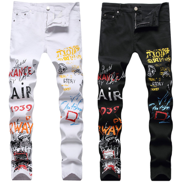 Teenage Clothing high street hip-hop style white digital color dial graffiti print stretch small straight jeans_voghion.com