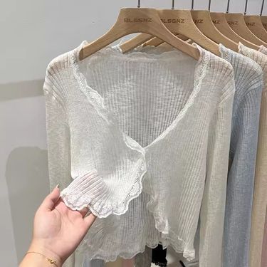 V-neck fungus edge ice silk knitted sunscreen cardigan for women in summer, thin style, paired with skirt, top, shawl,_voghion.com