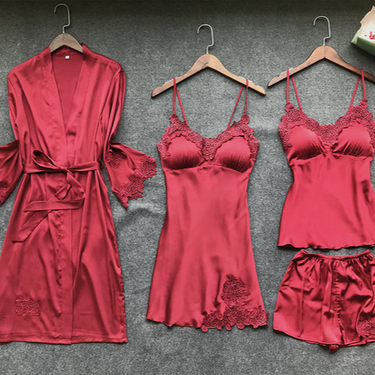 Women's summer four-piece ice ribbon chest cushion home dress set sexy summer small breasts_viptrois.com