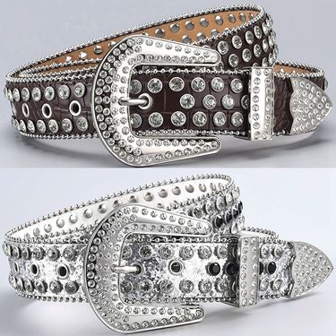 VOOTHOST Men's Jeans Rhinestone Large Size Women's Western Denim Shiny Rivet Design Leather HipHop Punk Rock Y2K Style Belt VB074_voghion.com