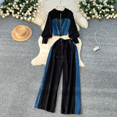 Women’s Clothing Spring Casual Suit Women's Sportswear Pullover Hooded Long Sleeved Sweatshirt + High Waist Denim Stitching Wide Leg Pants_voghion.com