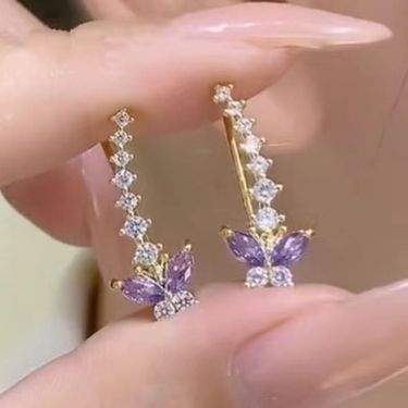 Purple Zircon Butterfly Ear Row Earrings Women's Niche Design Exquisite Versatile Stud Earrings High-end Personalized Earrings_voghion.com