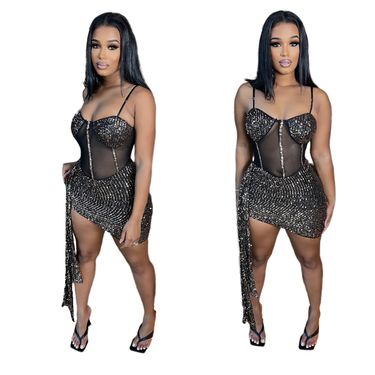 Women's Clothing summer sequined mesh dress nightclub sexy short skirt dress_voghion.com