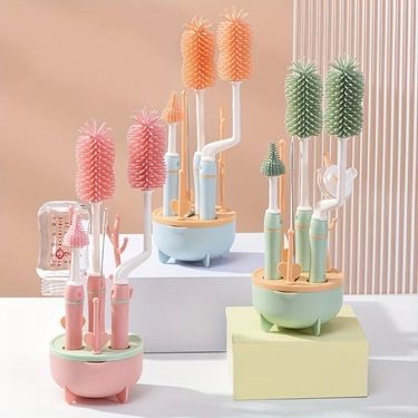 Portable 6 in 1 Baby Bottle Cleaner Set with Drying Rack, 2 Silicone Baby Bottle Brushes,Straw Brush, Nipple Brush & Storage Box_voghion.com