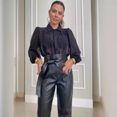 Women's Clothing mature style pure color perspective sexy mesh versatile shirt suit_voghion.com