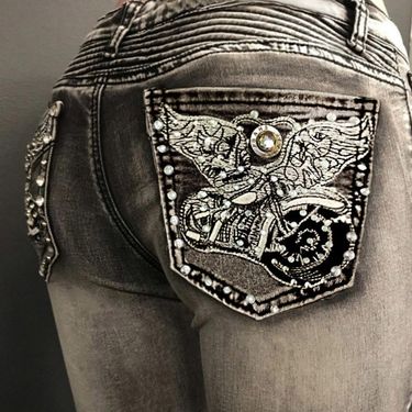 Women's clothing Flying Motorcycle Hot Beading Jeans High Waist Elastic Slim Straight Pants Jeans_viptrois.com