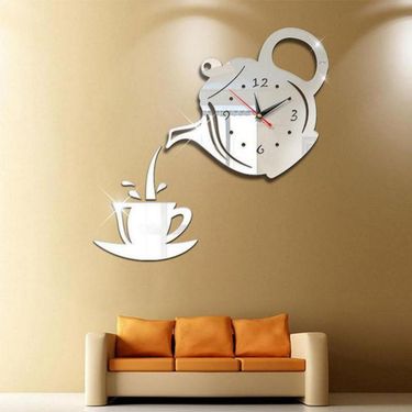 3D Wall Clock Acrylic Mirror Coffee Teapot Wall Clock Sticker Modern Style Frameless Clock Home Office Hotel Decoration_voghion.com
