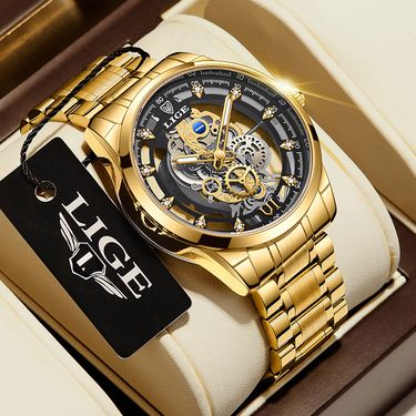 LIGE Men's Waterproof Skeleton Quartz Watch With Stainless Steel Band, Business Casual Wristwatch For Men, 30M Water Resistant_voghion.com
