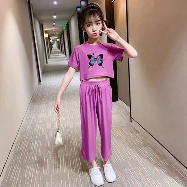 Girls summer suits 2024 large children's clothing wide leg pants Internet celebrity girl children's two piece suit trendy_viptrois.com