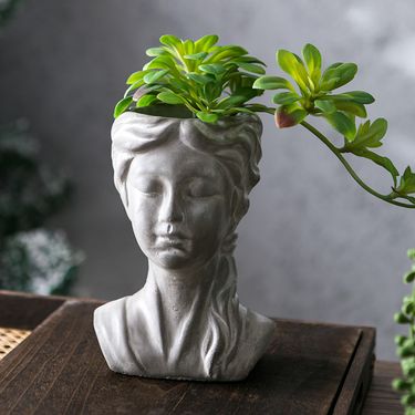 Nordic Girl Cement Head Statue Succulent Pot Balcony Office Entrance Decoration Stylish Flower Plant_voghion.com