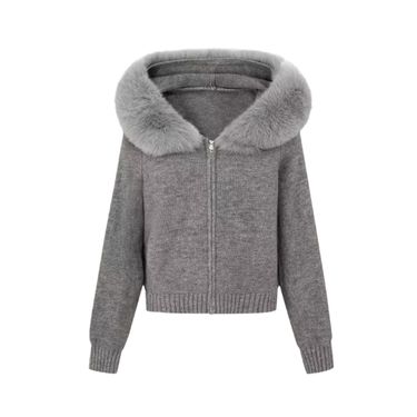 Women's Clothing style all match large fur collar hooded zipper lazy style sweater cardigan jacket autumn and winter high end knitted sweater top_voghion.com